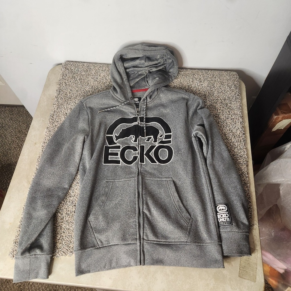 Ecko Hoodie Mens Small‎ Gray Full Zip Sweatshirt Y2K Hip Hop Skater Streetwear